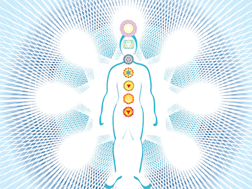 Imagem abstrata com a silhueta de alguém e pontos dos chakras
