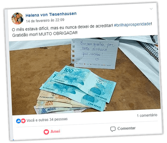Depoimento de Helena von Tiesenhausen no Facebook contando que nunca deixou de acreditar e foto de notas de dinheiro sobre a mesa
