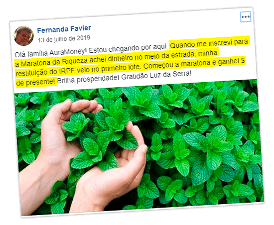 Depoimento de Fernanda Favier no Facebook contando como a Maratona da Riqueza a ajudou e foto de Mãos em uma plantação de hortelã